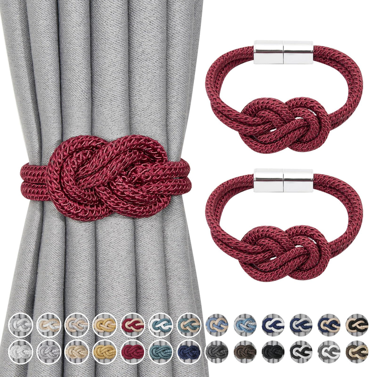 NICEEC 2 Pack Mini Magnetic Curtain Tiebacks Nordic Simple Style Drape Tie Backs Elegant Hand Weave Rope Knot Decorative Curtain Holdbacks for Home & Office Thin Window Drapery (Silver Grey)