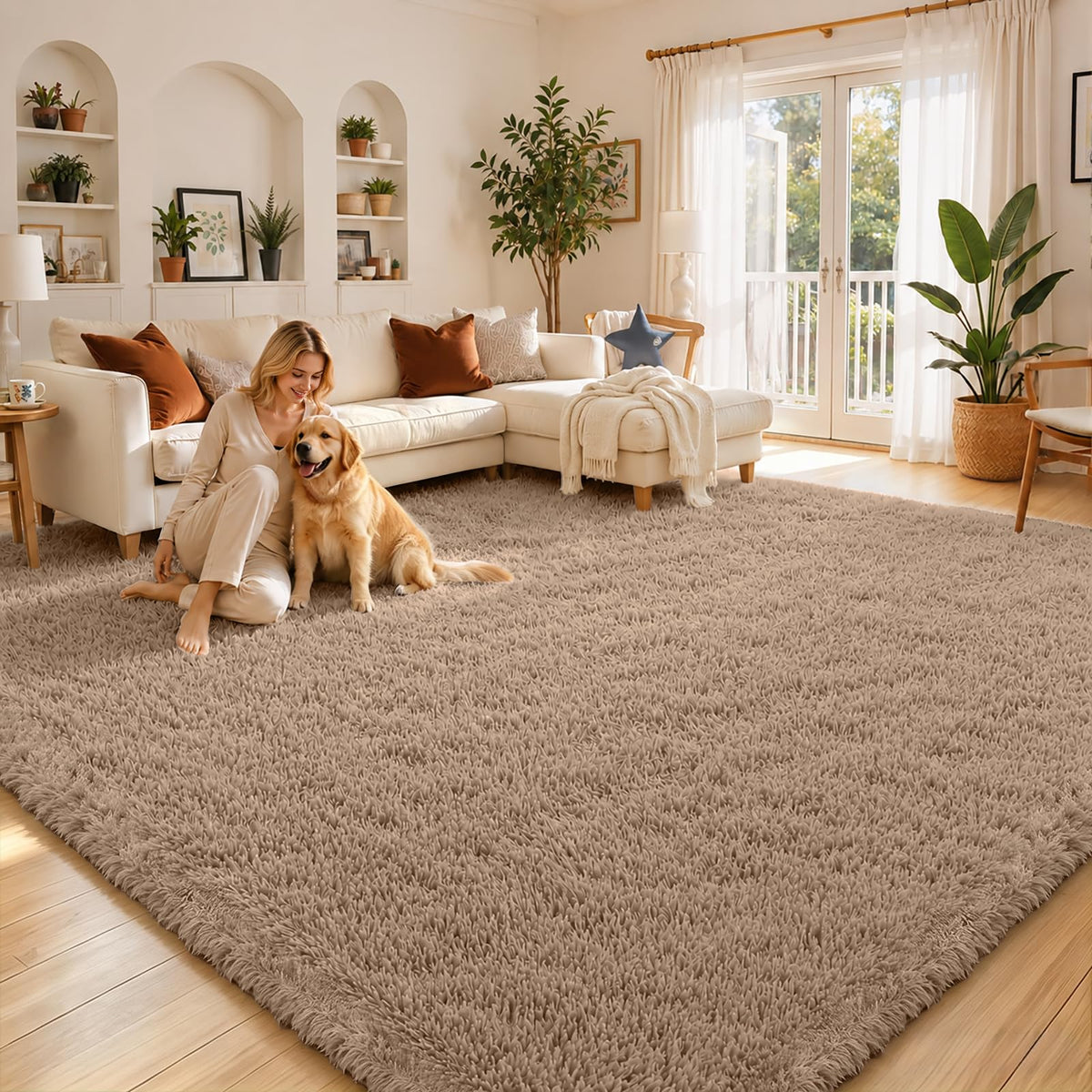 8x10 Area Rugs for Living Room,Cream Large Shaggy Carpet Plush Furry Rug