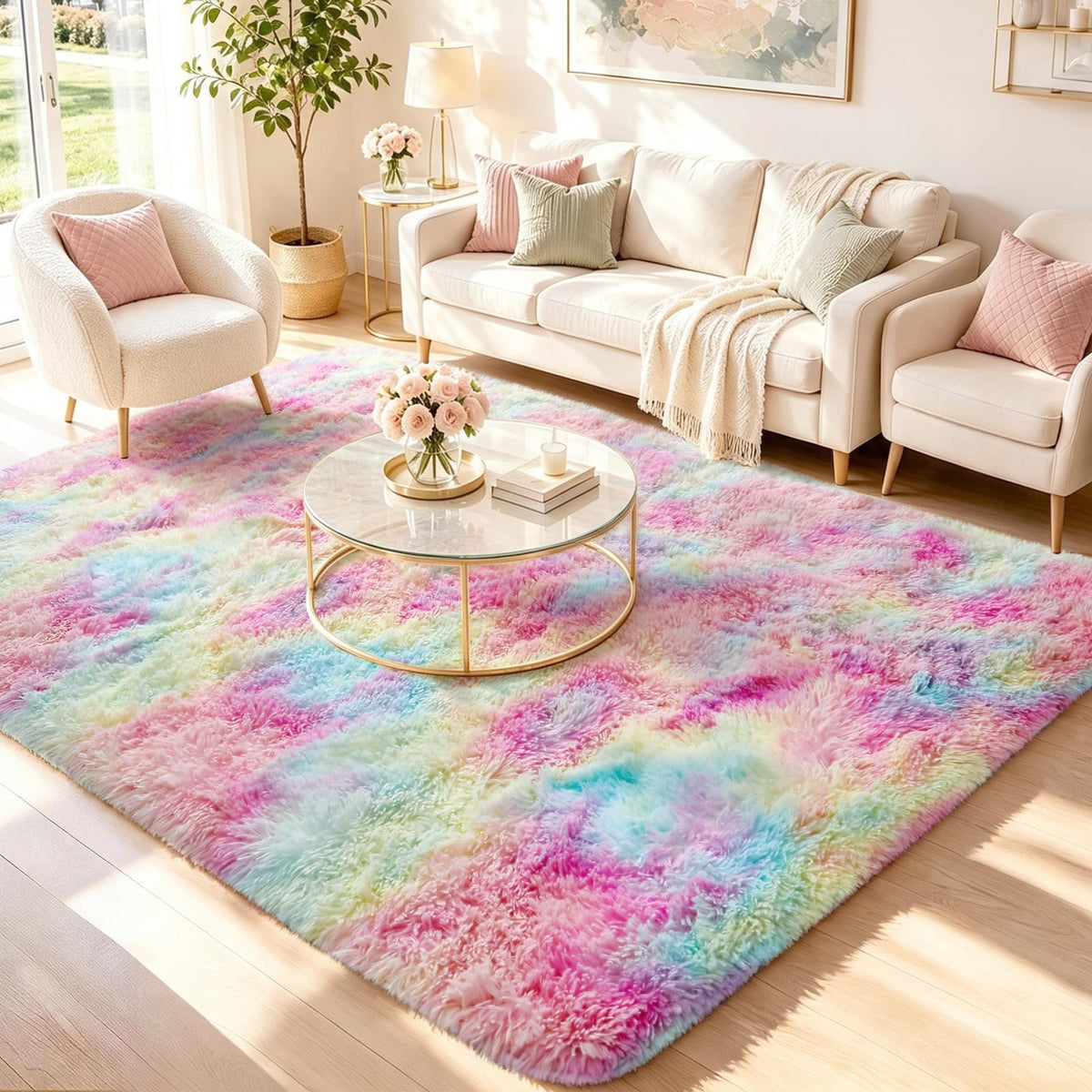 Ophanie 8x10 Area Rugs for Living Room, Washable Non-Slip Fluffy Soft Large Shag Bedroom Carpet, Ivory Big Indoor Nursery Rug, Carpets for Boy and Girls Room Dorm Decor with Over 99 pcs Pile fibers