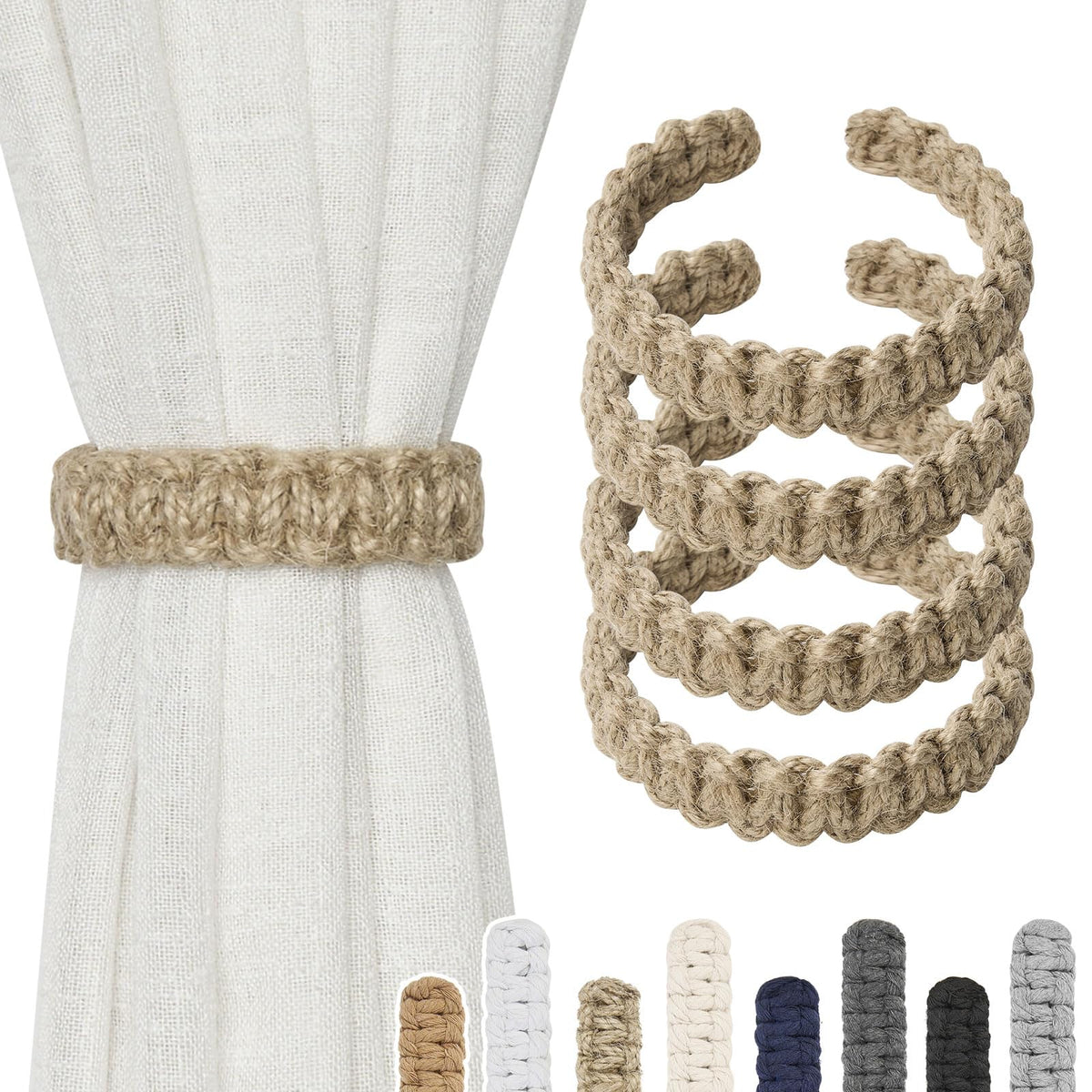 NICEEC 2 Pack Natural Cotton Rope Curtain Tiebacks Farmhouse Rustic Style Decorative Drape Tie Backs Handmade Braided Curtain Holdbacks for Home & Office Sheer/Light Weight Drapery (C-White-S)