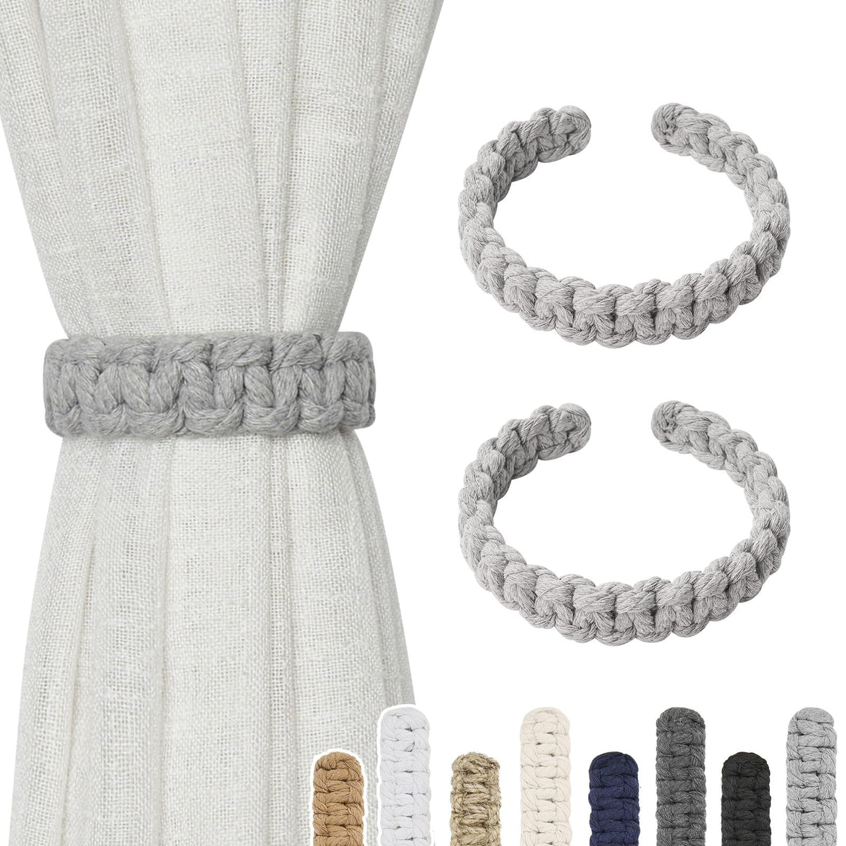 NICEEC 2 Pack Natural Cotton Rope Curtain Tiebacks Farmhouse Rustic Style Decorative Drape Tie Backs Handmade Braided Curtain Holdbacks for Home & Office Sheer/Light Weight Drapery (C-White-S)