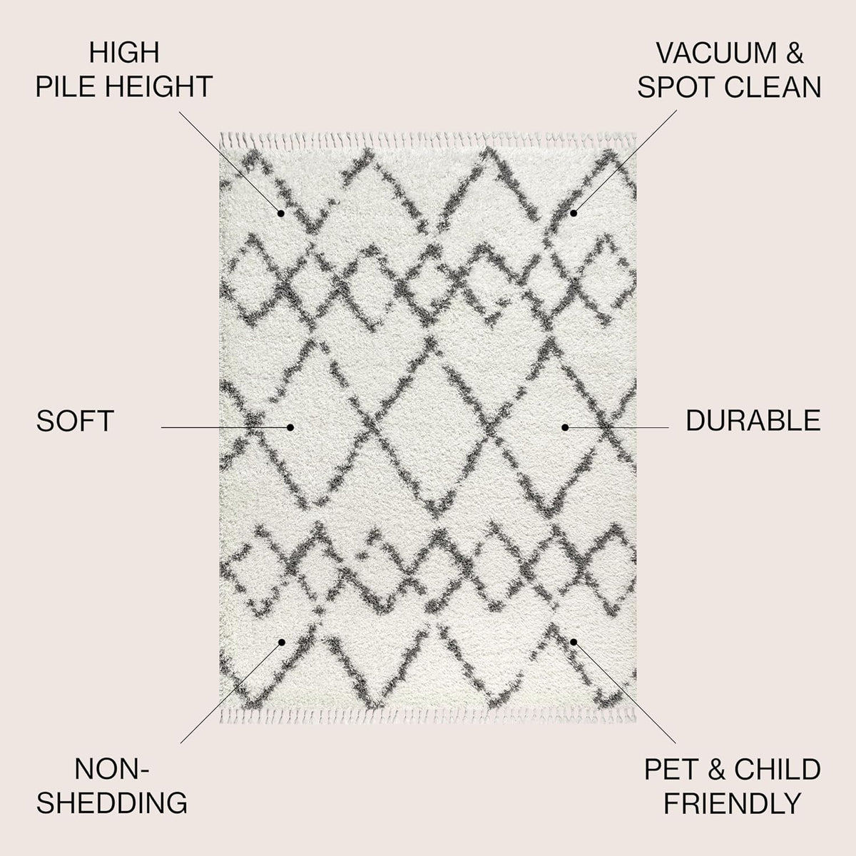 JONATHAN Y Mercer Shag Plush Tassel Ivory/Gray Indoor Area Rug, 8x10, Moroccan Geometric Trellis, Contemporary, Easy-Cleaning for Living Room, Bedroom, Kitchen, Pet Friendly, Non-Shedding (MCR102B-8)