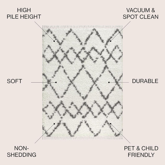 JONATHAN Y Mercer Shag Plush Tassel Ivory/Gray Indoor Area Rug, 8x10, Moroccan Geometric Trellis, Contemporary, Easy-Cleaning for Living Room, Bedroom, Kitchen, Pet Friendly, Non-Shedding (MCR102B-8)