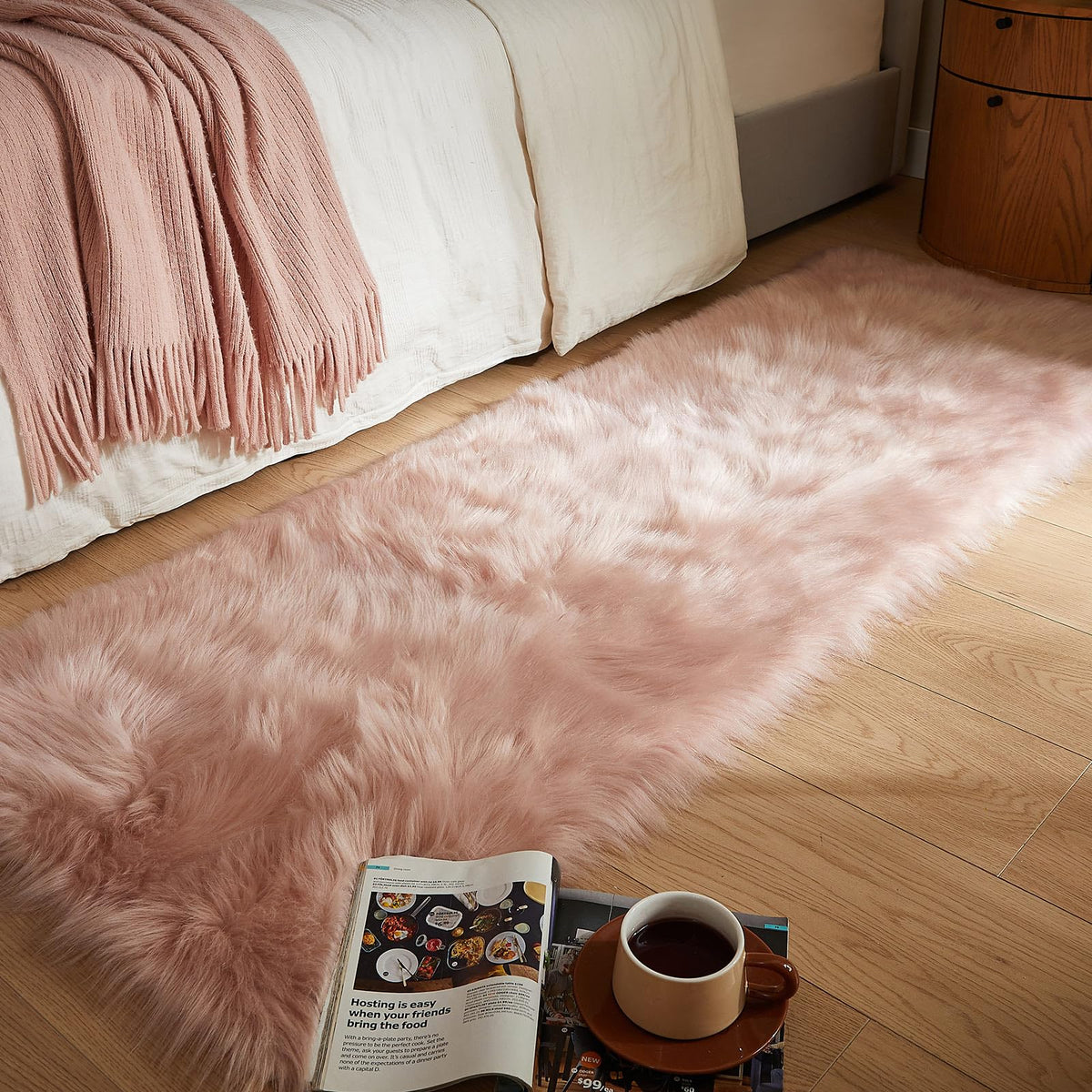 AMTOVO Faux Sheepskin Rug, Beige Ultra Soft Fluffy Shag Area Rug, 2 x 6 ft Faux Fur Rug for Bedroom Sofa Throw Cushion Room Decor, Sheepskin