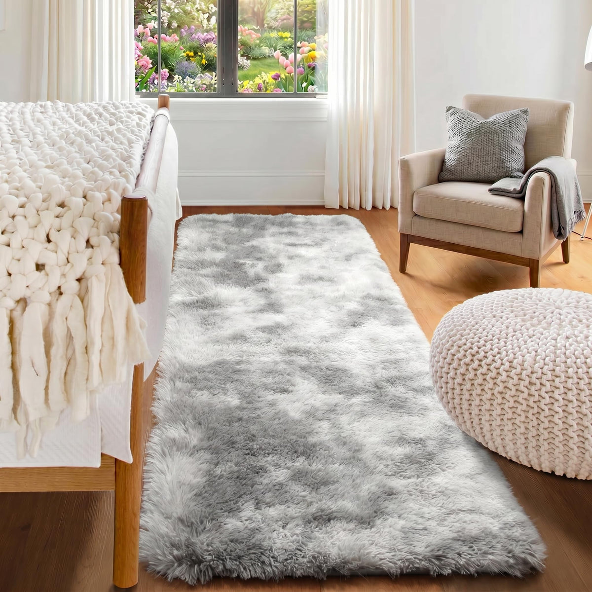 Area Rugs for Living Room Bedroom, 5x8 Fluffy Tie-Dyed Light Grey Shag Rug