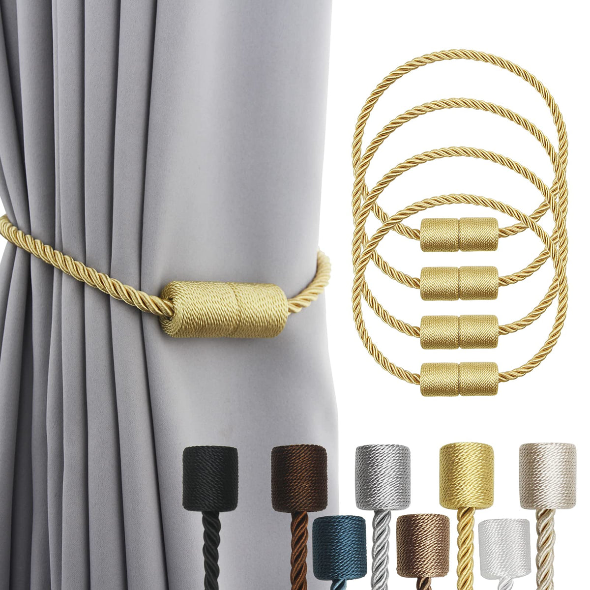 2 Pack Grey Strong Magnetic Curtain Tiebacks Outdoor Elegant Decorative Tie Backs Modern Rope Tiebacks for Drapes Window Curtain Holdbacks for Draperies