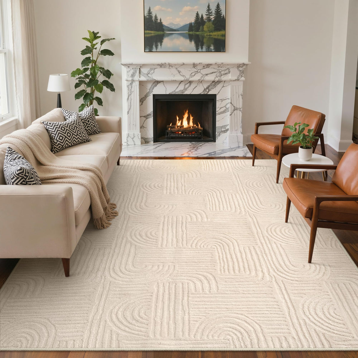 GENIMO Beige Rug 5x7 Washable Area Rugs for Living Room, Soft High Low Pile