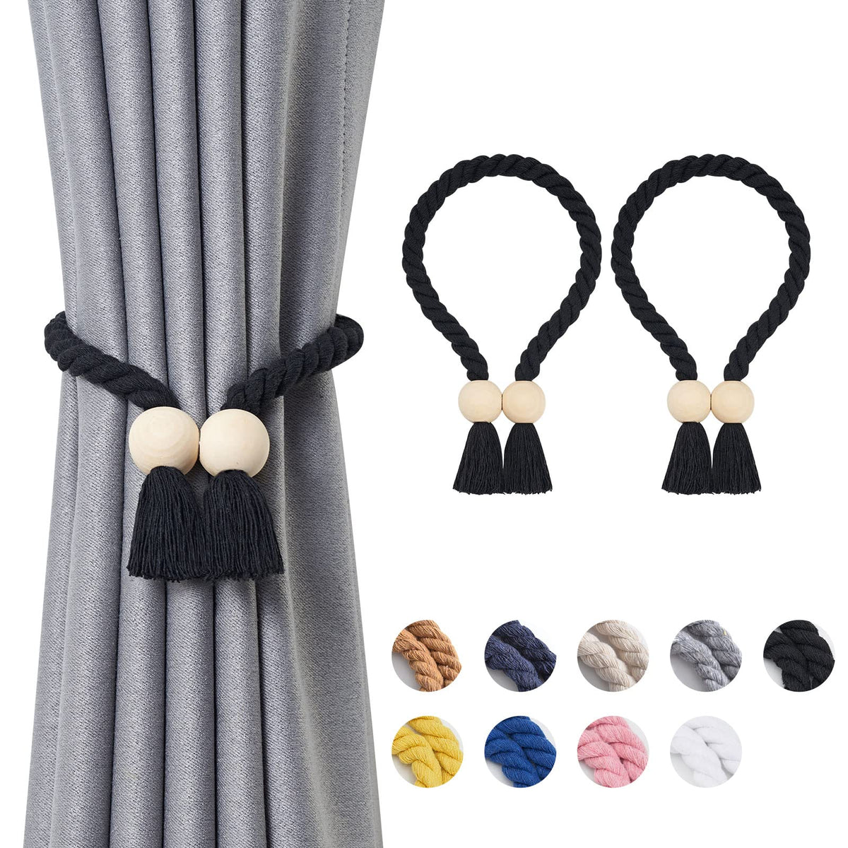 NICEEC 2 Pack Wooden Ball Magnetic Curtain Tiebacks Boho Home Decor Drape Tie Backs Natural Cotton Hand Woven Rope Curtain Holdbacks for Thin & Thick Home & Office Window Draperies (Beige)