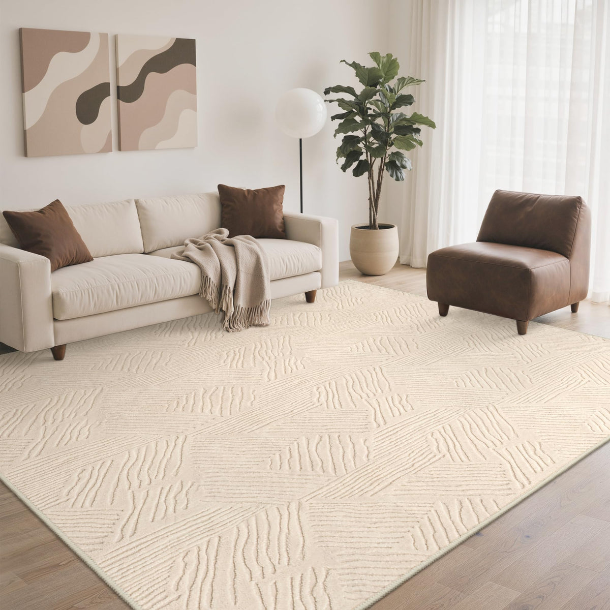 GENIMO Beige Rug 5x7 Washable Area Rugs for Living Room, Soft High Low Pile
