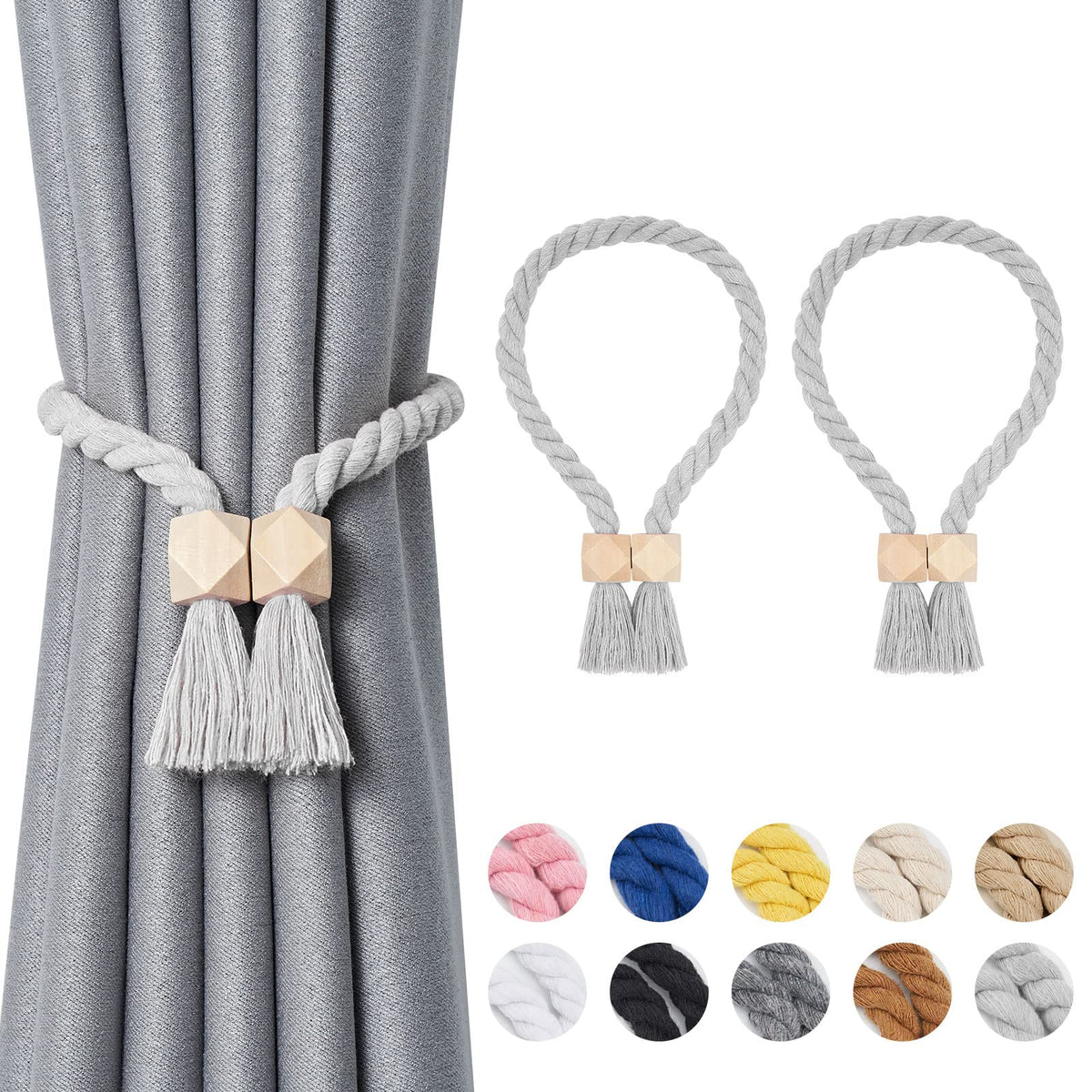 NICEEC 2 Pack Wooden Ball Magnetic Curtain Tiebacks Boho Home Decor Drape Tie Backs Natural Cotton Hand Woven Rope Curtain Holdbacks for Thin & Thick Home & Office Window Draperies (Beige)