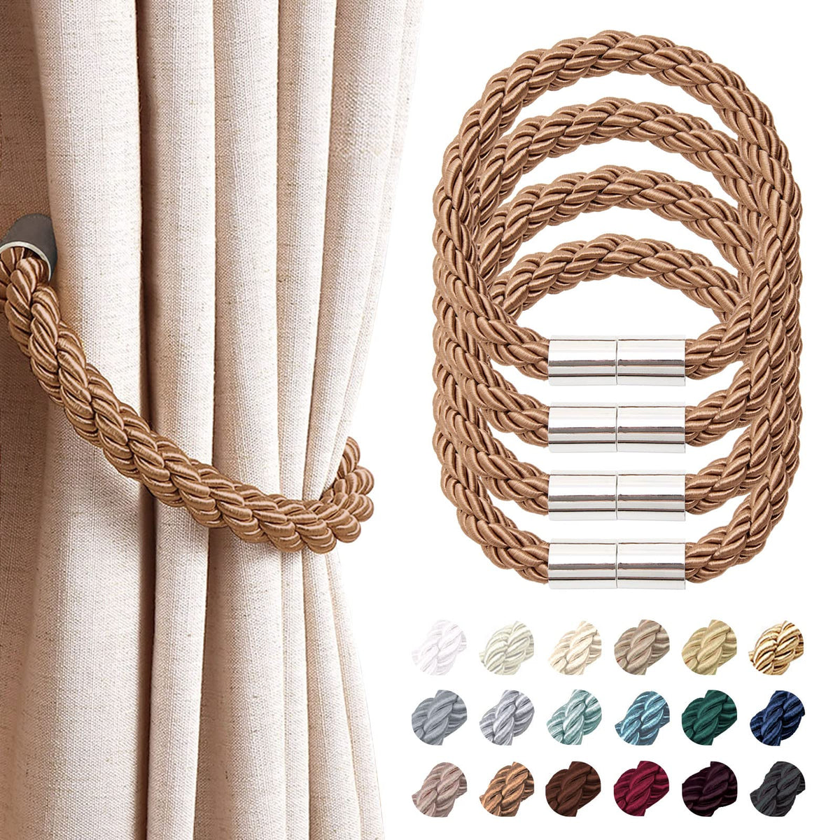 NICEEC 2 Pack Strong Magnetic Curtain Tiebacks Modern Simple Style Drape Tie Backs Convenient Decorative Weave Rope Curtain Holdbacks for Thin or Thick Home & Office Window Draperies (Beige)