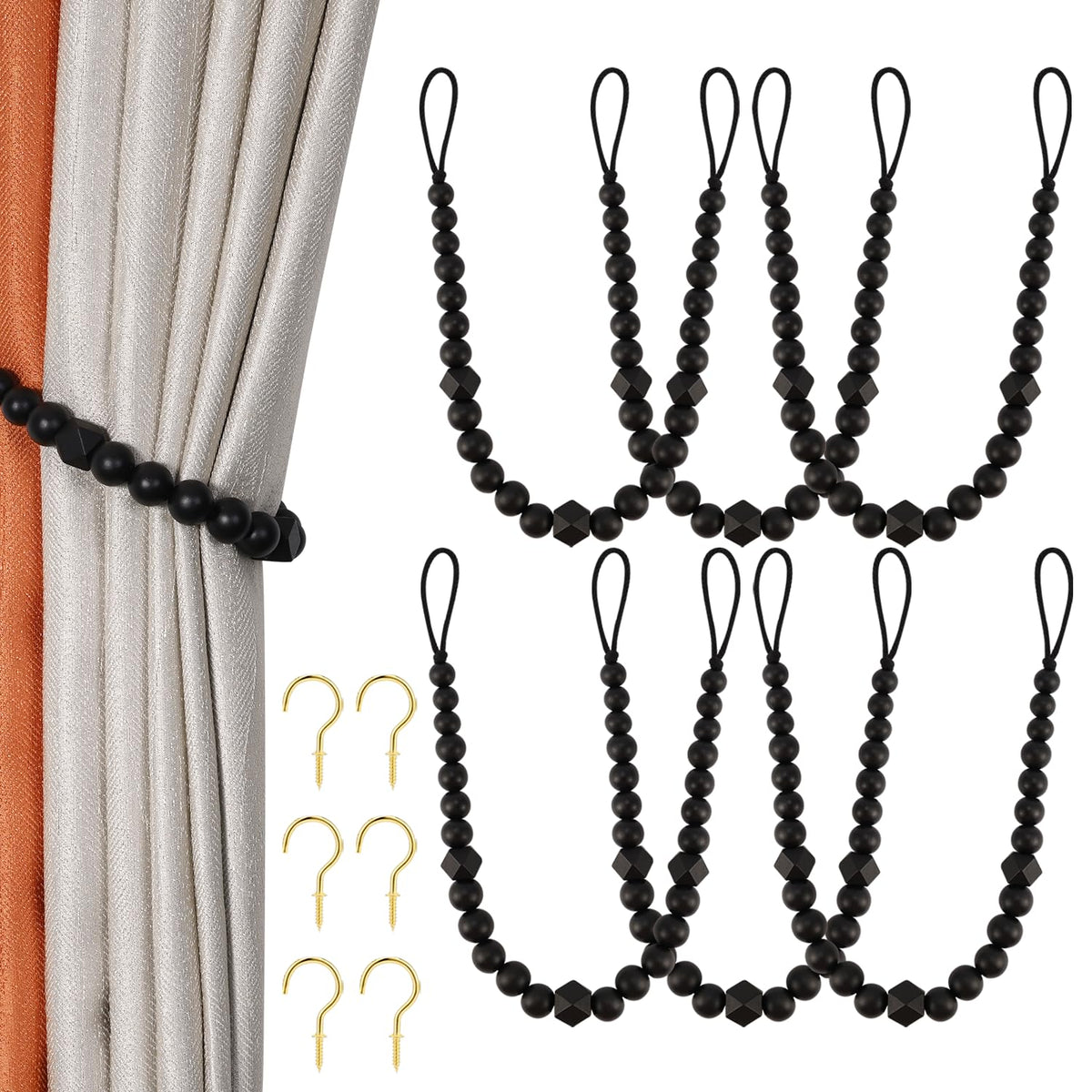 KLOGTSIND Wood Bead Curtain Tiebacks, 2 Pack Curtain Tie Backs with Hooks