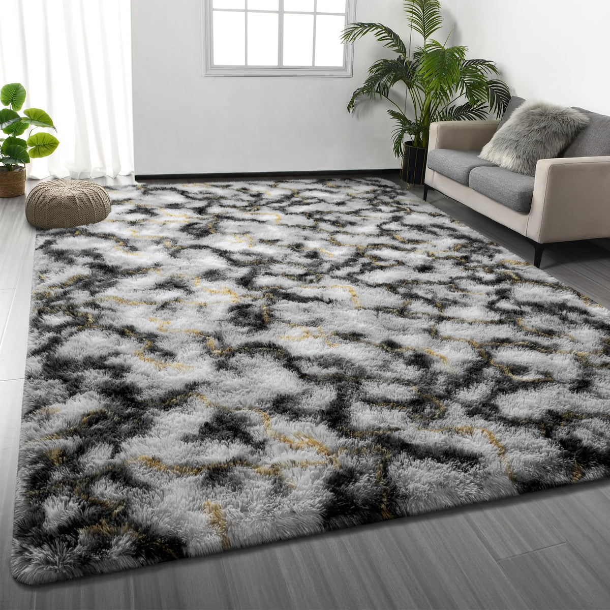 Deerhoo Large Shag Area Rugs 6 x 9, Tie-Dyed Plush Fuzzy Rugs, Dark Grey