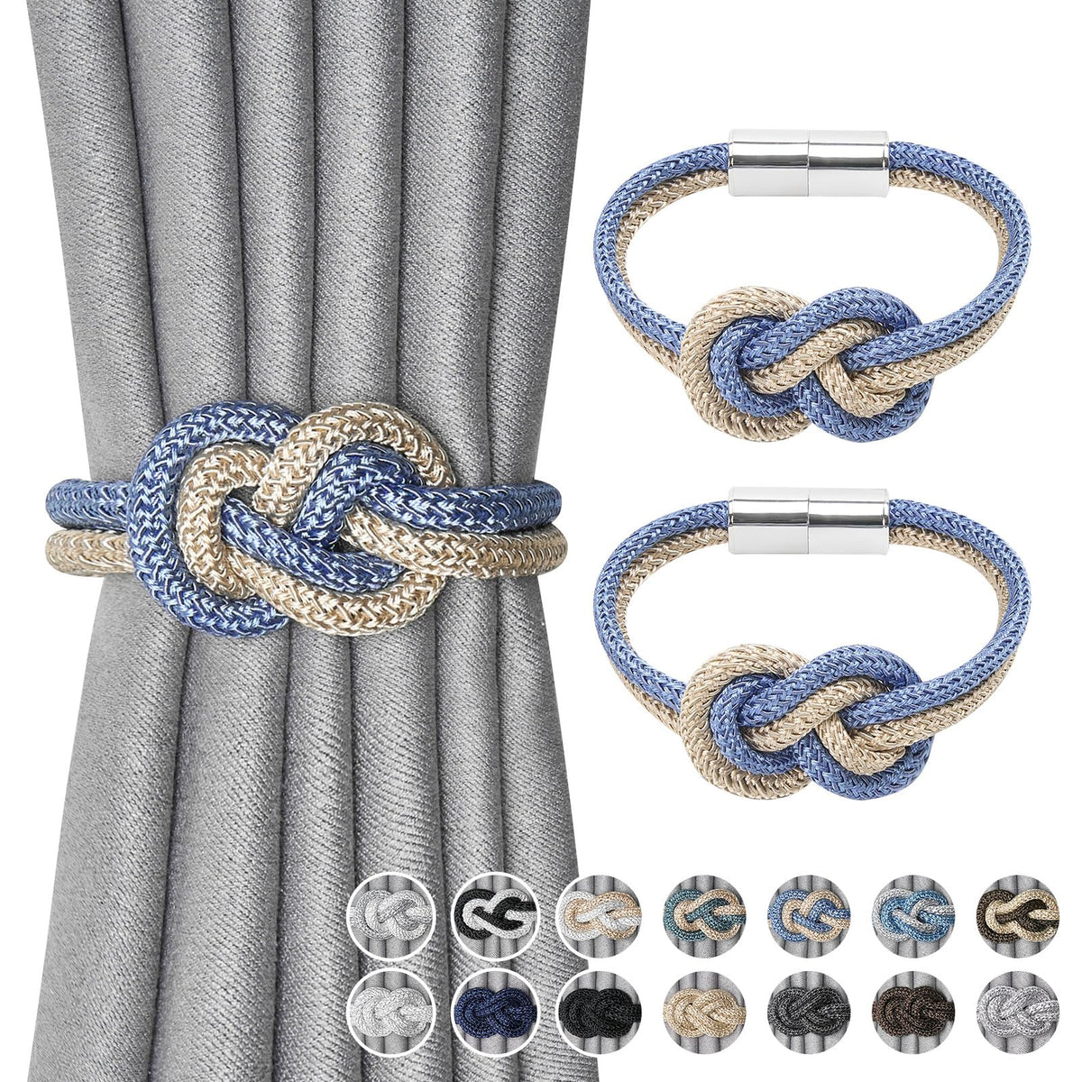 NICEEC 2 Pack Mini Magnetic Curtain Tiebacks Nordic Simple Style Drape Tie Backs Elegant Hand Weave Rope Knot Decorative Curtain Holdbacks for Home & Office Thin Window Drapery (Silver Grey)