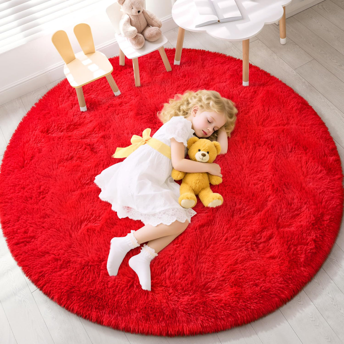 EVOIONOS Pink Round Rug for Bedroom, 4x4 Ft Fluffy Soft Circle Area Rugs for Living Room, Plush Shaggy Circular Carpet for Indoor Floor Bedside Girls Nursery, Machine-Washable Home Decor Aesthetic