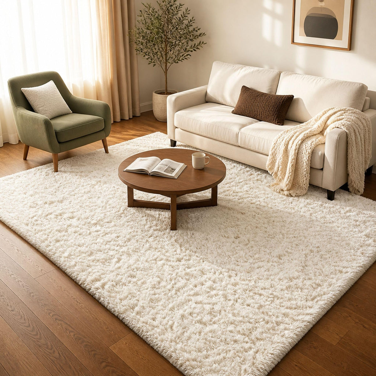 Ophanie 8x10 Area Rugs for Living Room, Washable Non-Slip Fluffy Soft Large Shag Bedroom Carpet, Ivory Big Indoor Nursery Rug, Carpets for Boy and Girls Room Dorm Decor with Over 99 pcs Pile fibers