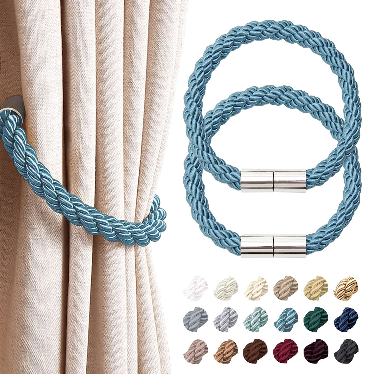 NICEEC 2 Pack Strong Magnetic Curtain Tiebacks Modern Simple Style Drape Tie Backs Convenient Decorative Weave Rope Curtain Holdbacks for Thin or Thick Home & Office Window Draperies (Beige)