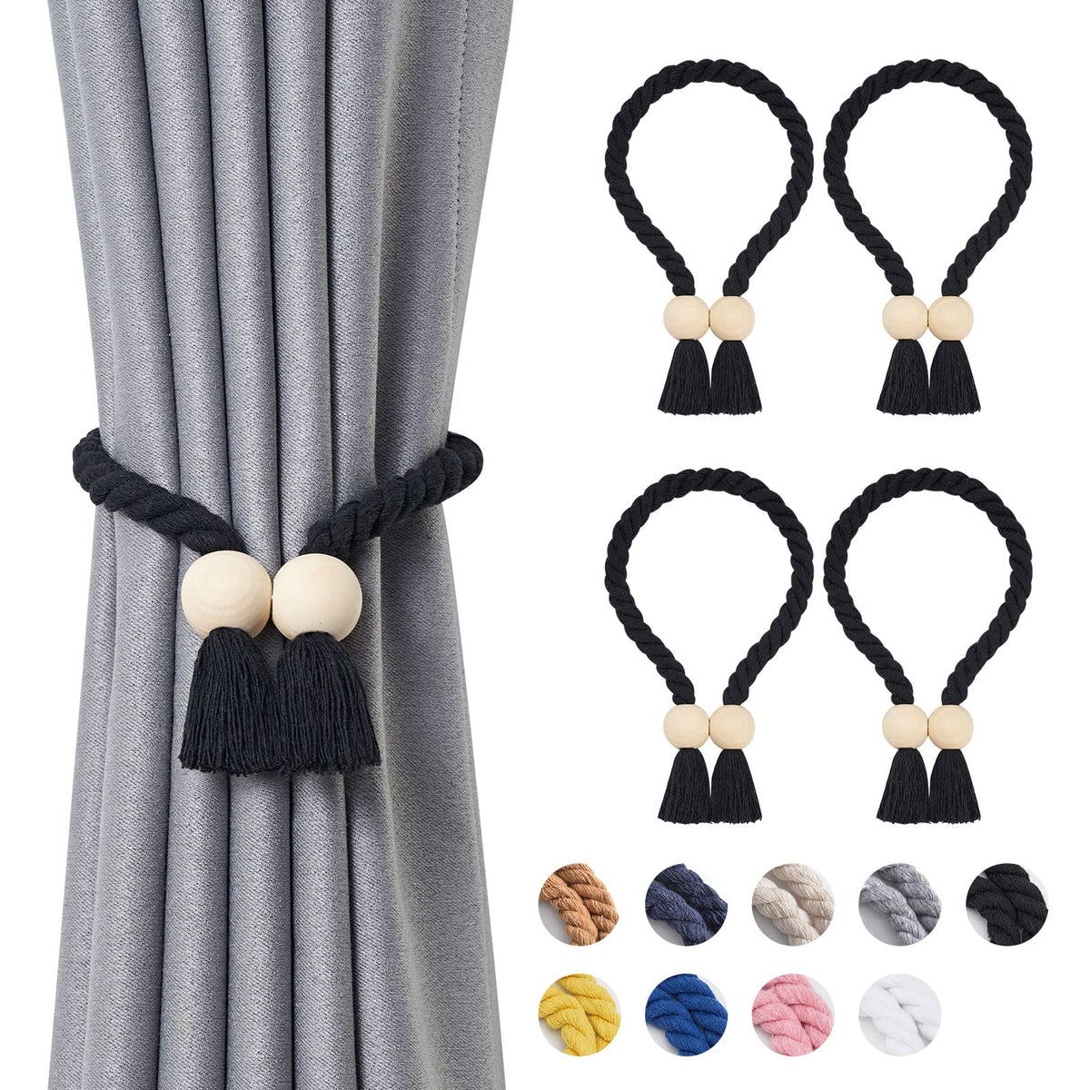 NICEEC 2 Pack Wooden Ball Magnetic Curtain Tiebacks Boho Home Decor Drape Tie Backs Natural Cotton Hand Woven Rope Curtain Holdbacks for Thin & Thick Home & Office Window Draperies (Beige)