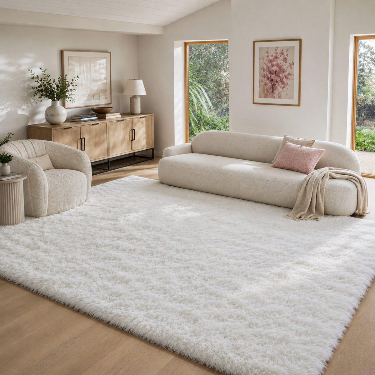 8x10 Ft Cream White Fluffy Area Rug for Living Room, Washable