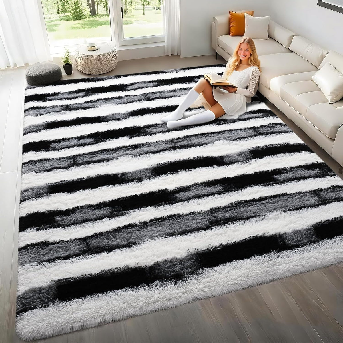 Black and White Rugs for Living Room Bedroom, 6x9 Fluffy Soft Plush Area Rugs with Non-Slip Backing, Modern Striped Shag Fuzzy Carpets for Kids Playroom Nursery Dorms Home Decor