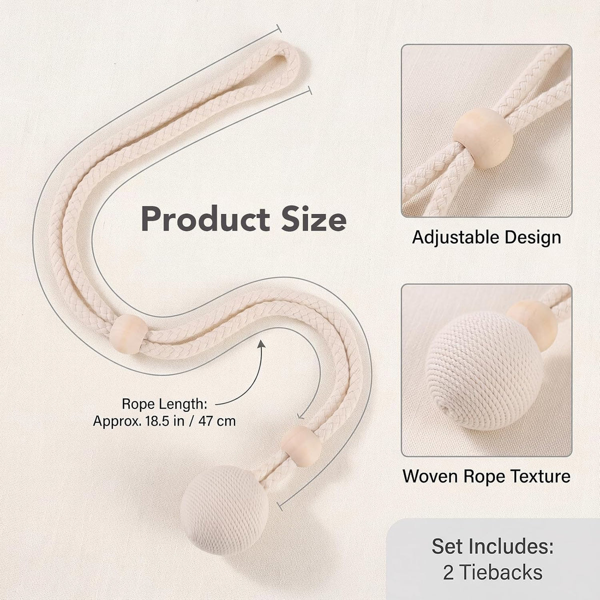2 Pack Curtain Tiebacks, Beige Curtain Holdbacks, Curtain Rope Tieback