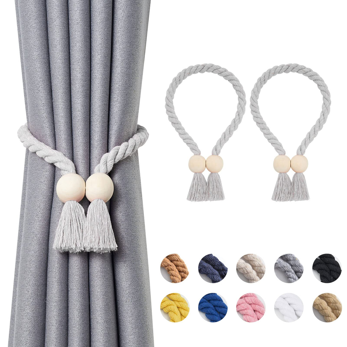 NICEEC 2 Pack Wooden Ball Magnetic Curtain Tiebacks Boho Home Decor Drape Tie Backs Natural Cotton Hand Woven Rope Curtain Holdbacks for Thin & Thick Home & Office Window Draperies (Beige)