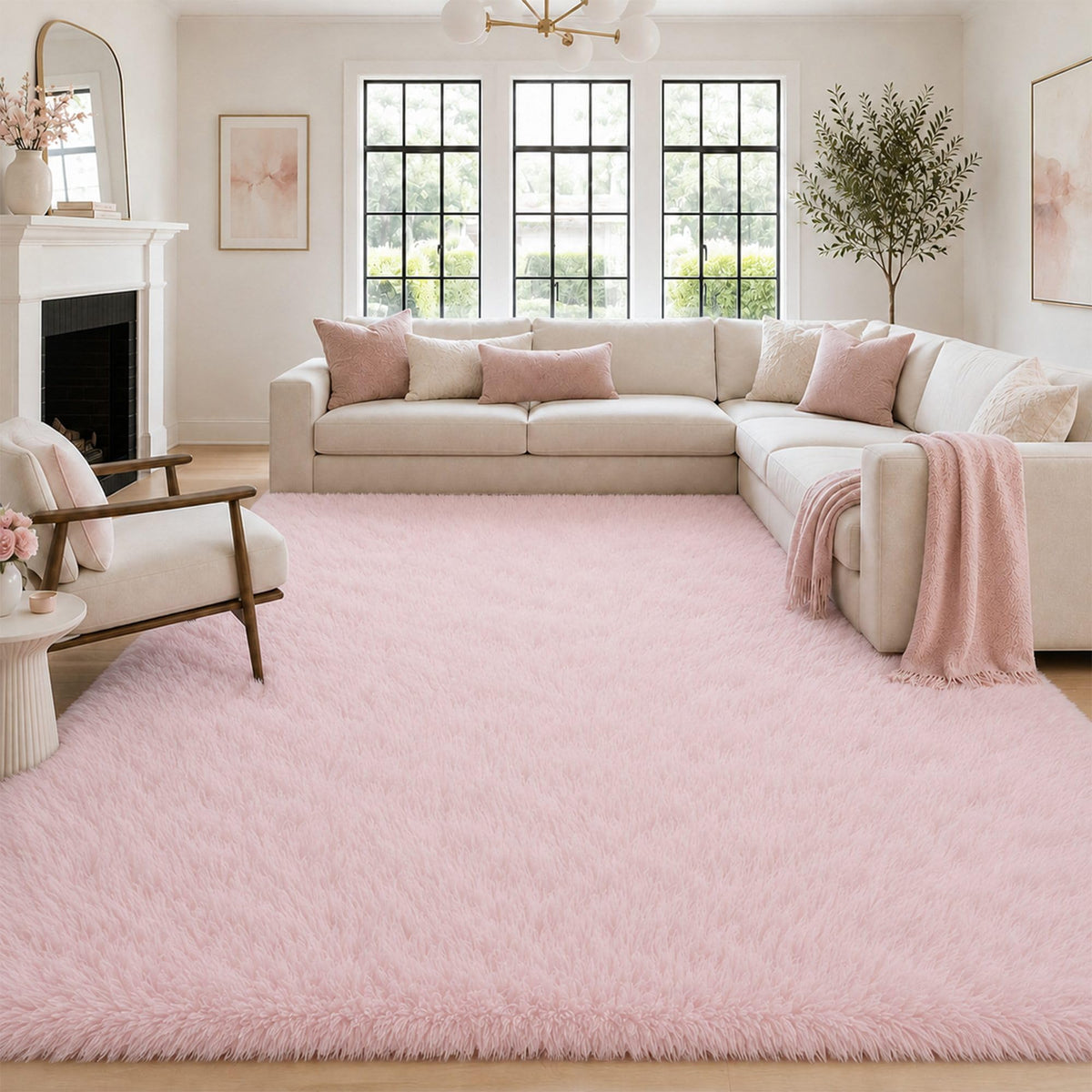 8x10 Ft Cream White Fluffy Area Rug for Living Room, Washable