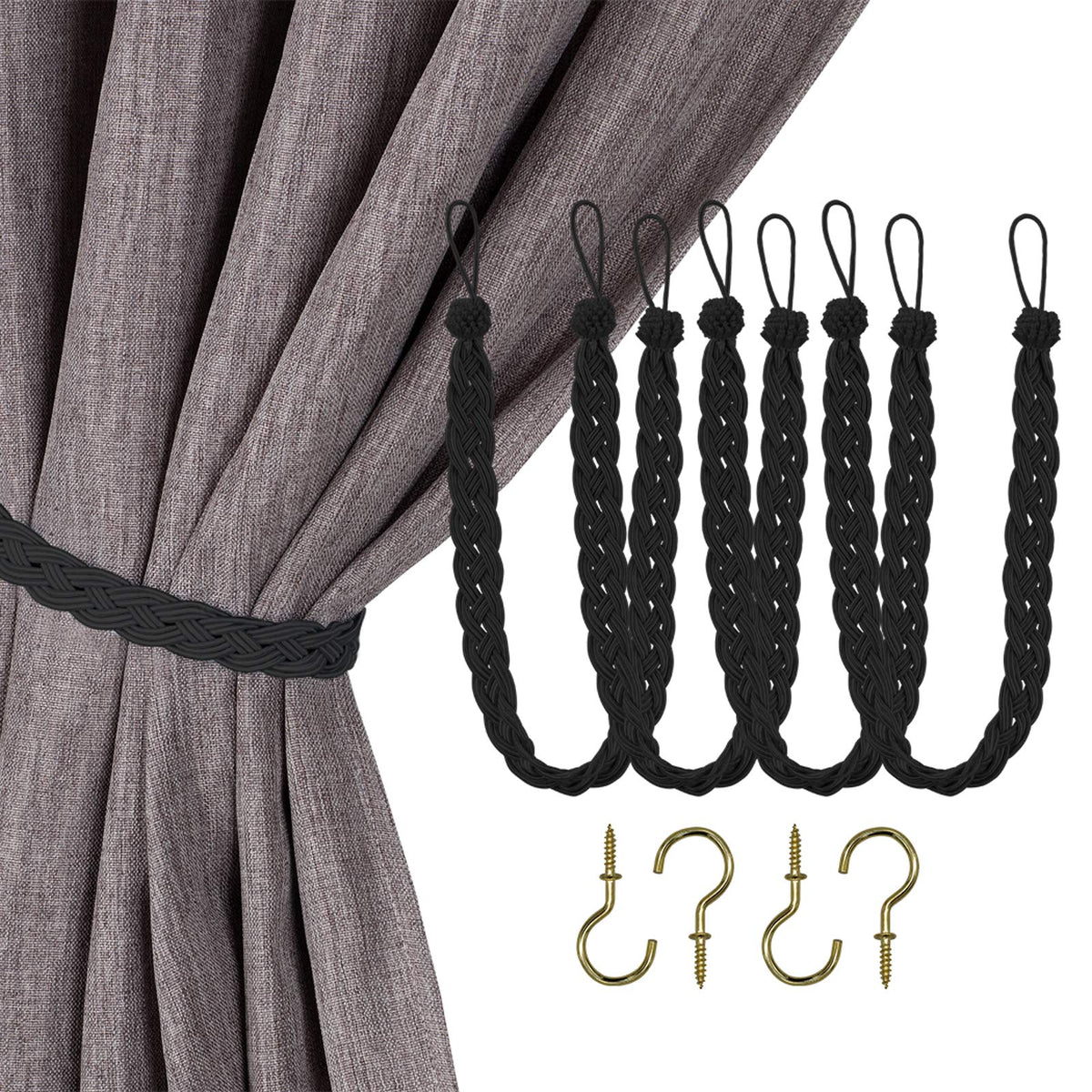 Home Queen Handwoven Rope Curtain Tiebacks for Drapes, 2 Pack Rope Holdbacks with Hooks, 23 Inch Long Polyester and Cotton Braided Tie Backs for Thick and Sheer Curtains,Navy and Silver