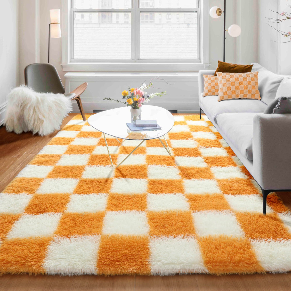 KICMOR Area Rugs 8x10 for Living Room, Large Fluffy Beige and Cream White Checkered Rug Big Fuzzy Shag Shaggy Carpets for Bedroom, Soft Plush Furry Rug for Boy Girls Room Dorm Home Decor Aesthetic
