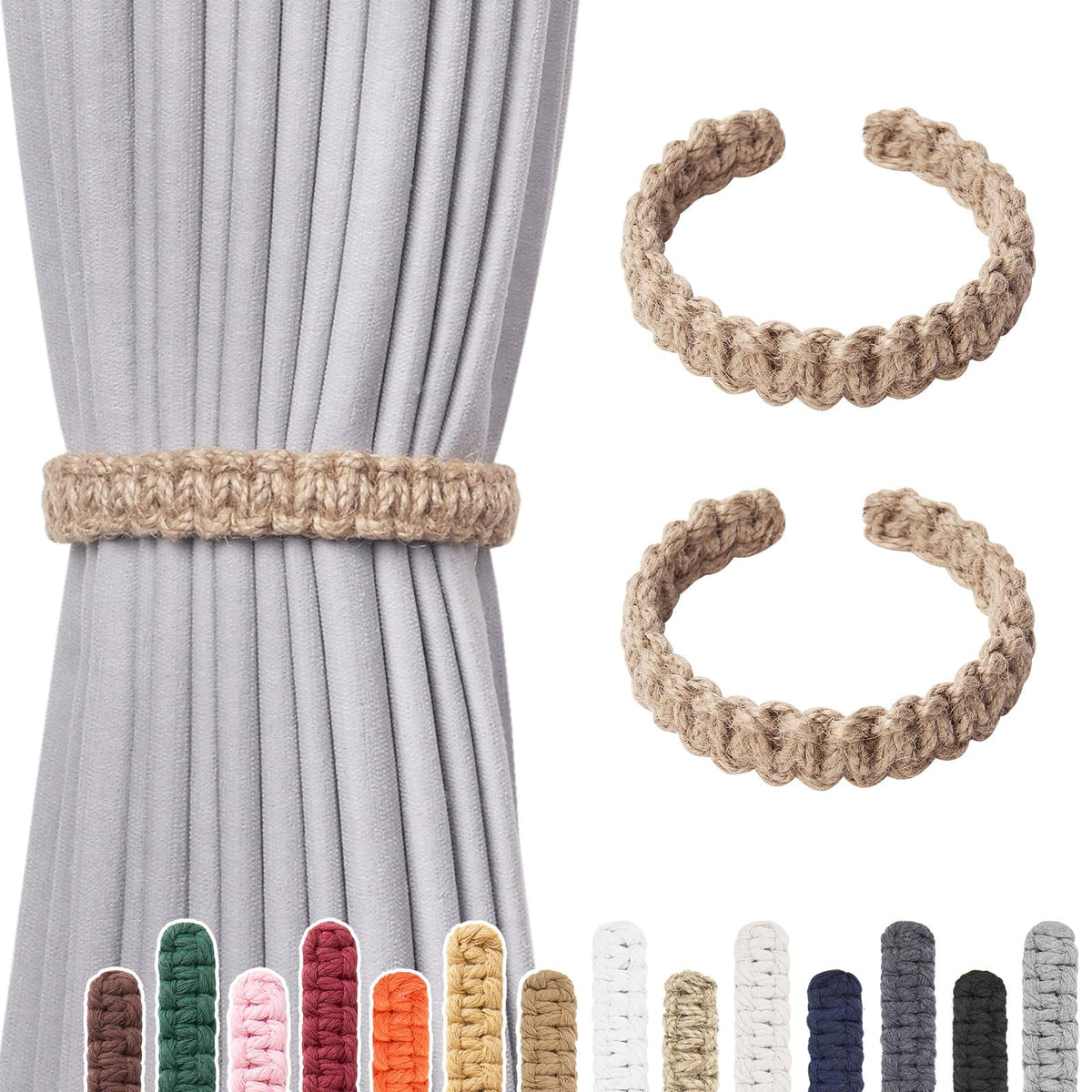NICEEC 2 Pack Natural Cotton Rope Curtain Tiebacks Farmhouse Rustic Style Decorative Drape Tie Backs Handmade Braided Curtain Holdbacks for Home & Office Sheer/Light Weight Drapery (C-White-S)