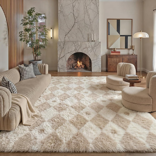 PureCozy Beige 8x10 Area Rug for Living Room Soft Checkered Shag Carpet