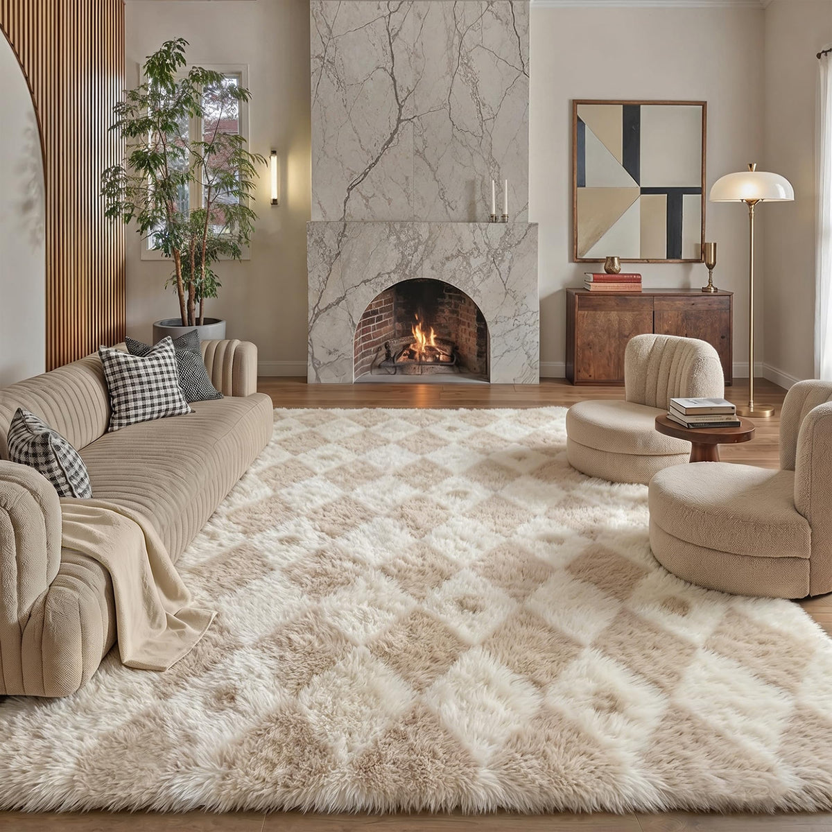 PureCozy Beige 8x10 Area Rug for Living Room Soft Checkered Shag Carpet