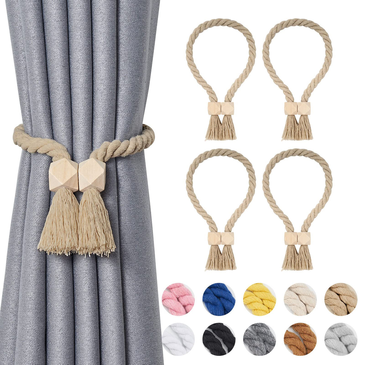 NICEEC 2 Pack Wooden Ball Magnetic Curtain Tiebacks Boho Home Decor Drape Tie Backs Natural Cotton Hand Woven Rope Curtain Holdbacks for Thin & Thick Home & Office Window Draperies (Beige)