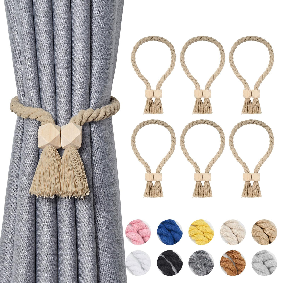 NICEEC 2 Pack Wooden Ball Magnetic Curtain Tiebacks Boho Home Decor Drape Tie Backs Natural Cotton Hand Woven Rope Curtain Holdbacks for Thin & Thick Home & Office Window Draperies (Beige)