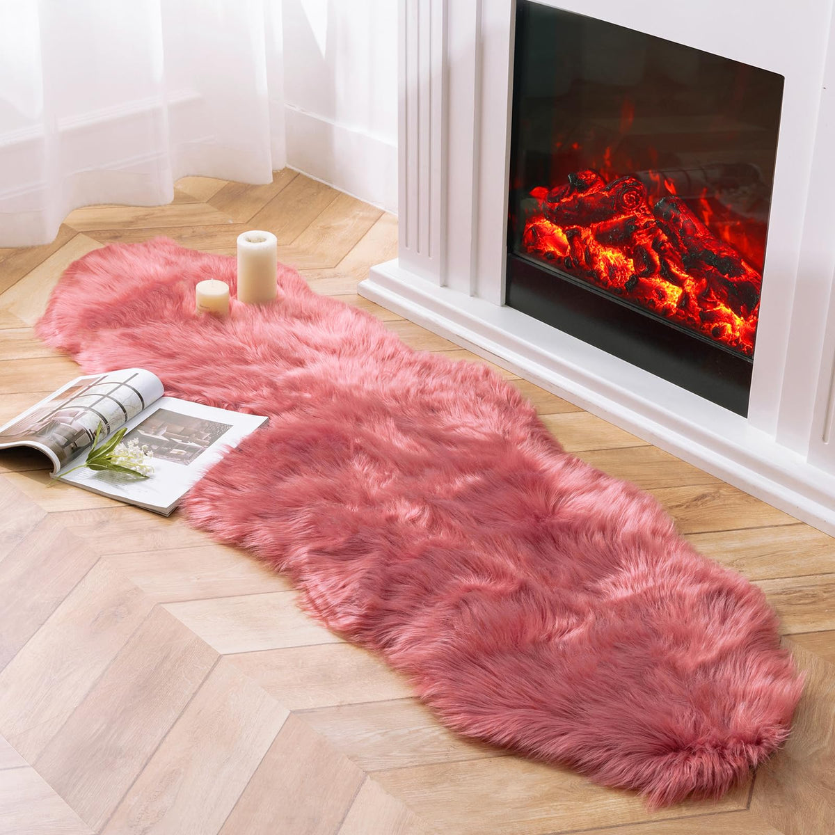 Ashler Faux Fur Rug, White, 2 x 6 Ft, Machine Washable