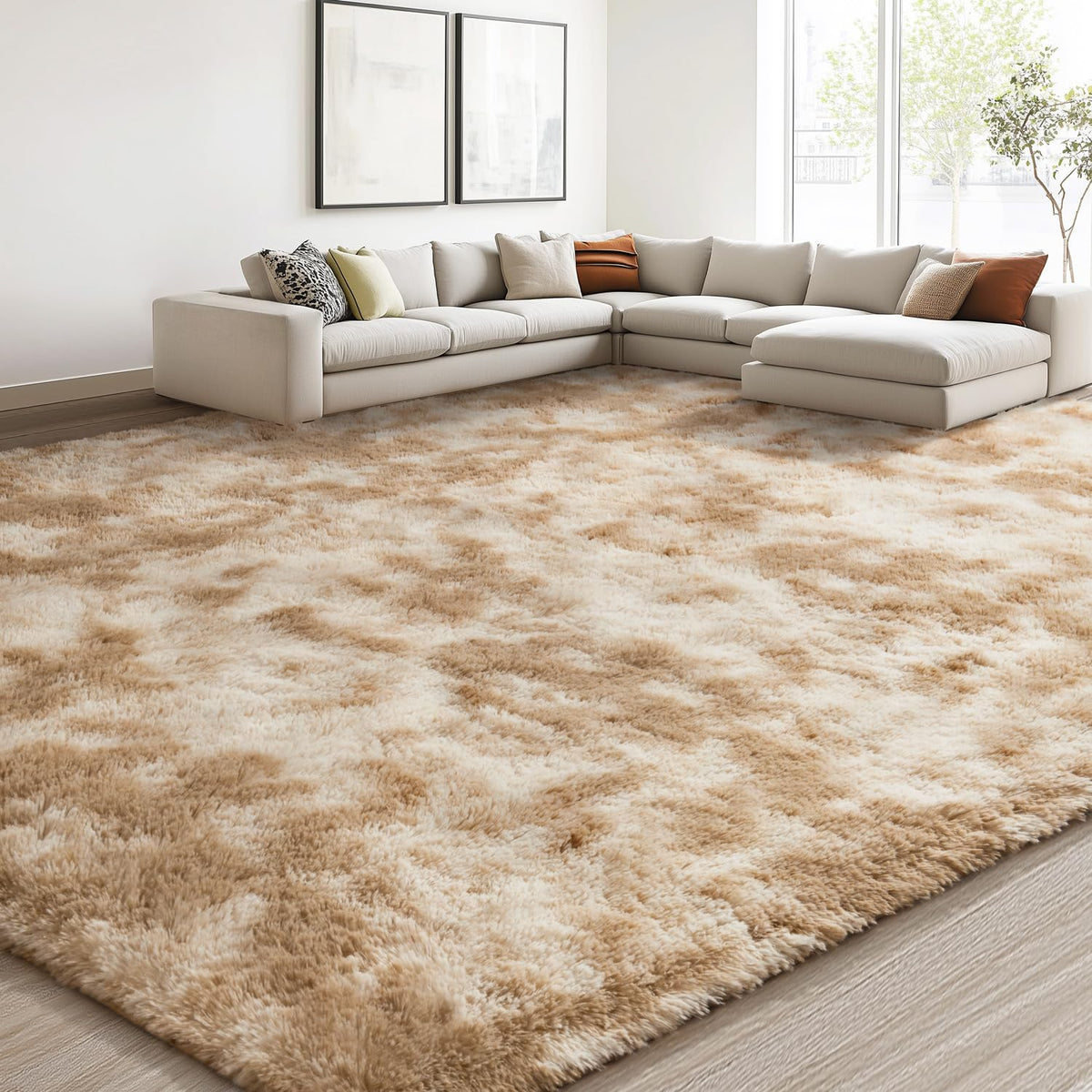 EVOIONOS Area Rug for Bedroom Living Room, Machine Washable 5x7 Fluffy Shag Rug, Soft Plush Non Slip Carpet for Indoor Floor Bedside Nursery Kids Girls Room Dorm, Home Decor Aesthetic, ‌Tie-Dye Camel