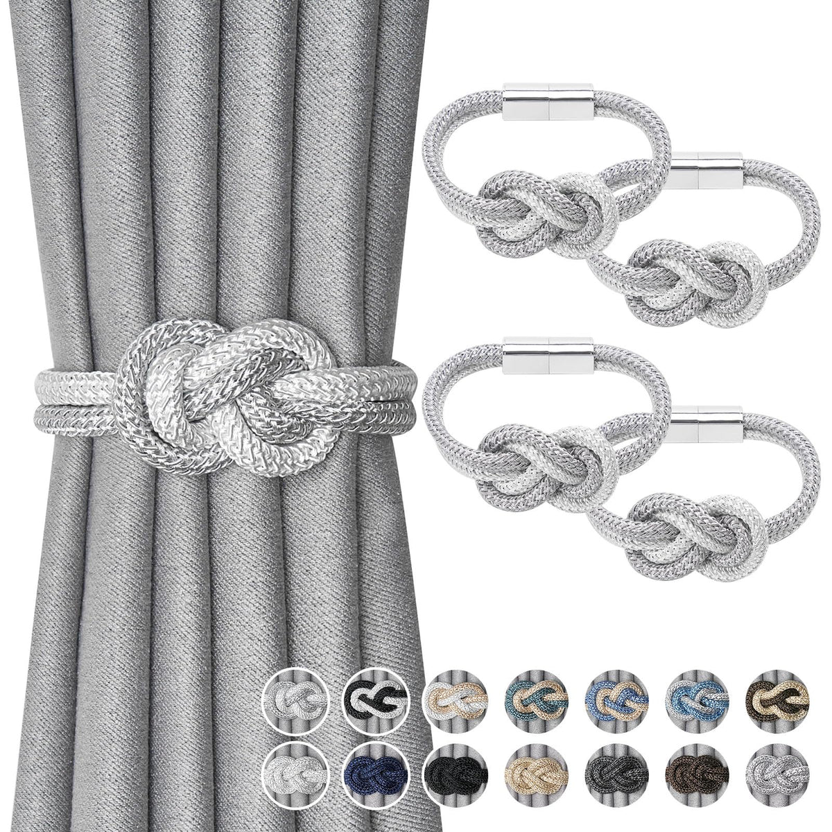 NICEEC 2 Pack Mini Magnetic Curtain Tiebacks Nordic Simple Style Drape Tie Backs Elegant Hand Weave Rope Knot Decorative Curtain Holdbacks for Home & Office Thin Window Drapery (Silver Grey)