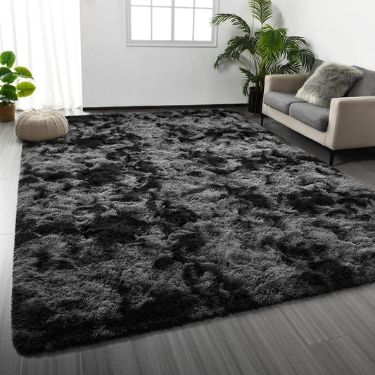 Deerhoo Large Shag Area Rugs 6 x 9, Tie-Dyed Plush Fuzzy Rugs, Dark Grey