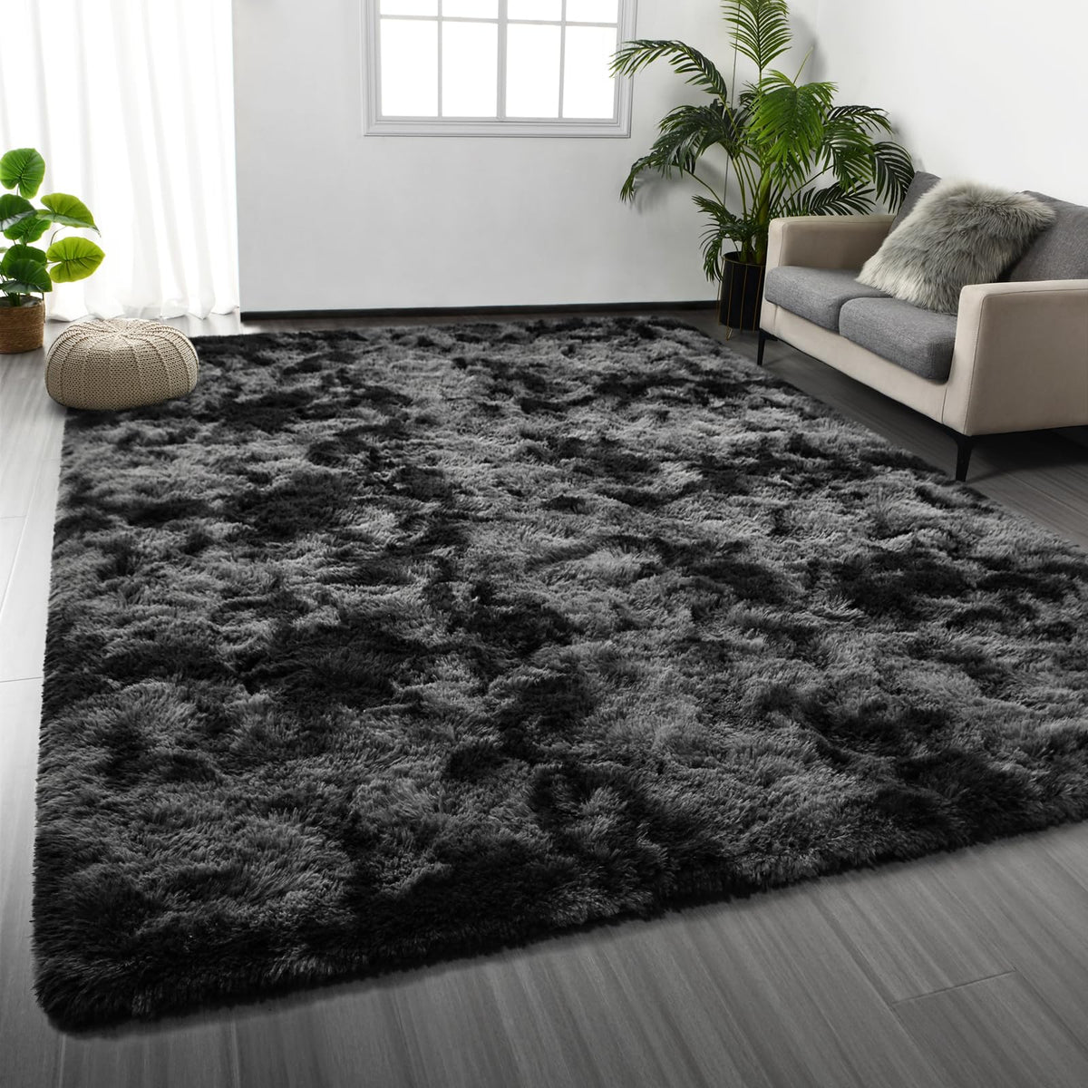 Deerhoo Large Shag Area Rugs 6 x 9, Tie-Dyed Plush Fuzzy Rugs, Dark Grey