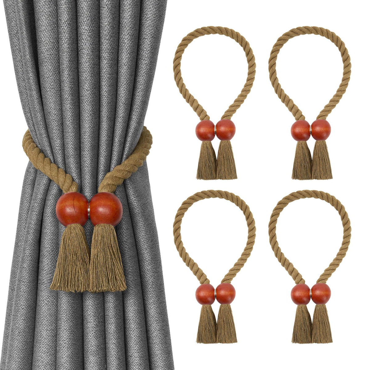 NICEEC 2 Pack Wooden Ball Magnetic Curtain Tiebacks Boho Home Decor Drape Tie Backs Natural Cotton Hand Woven Rope Curtain Holdbacks for Thin & Thick Home & Office Window Draperies (Beige)