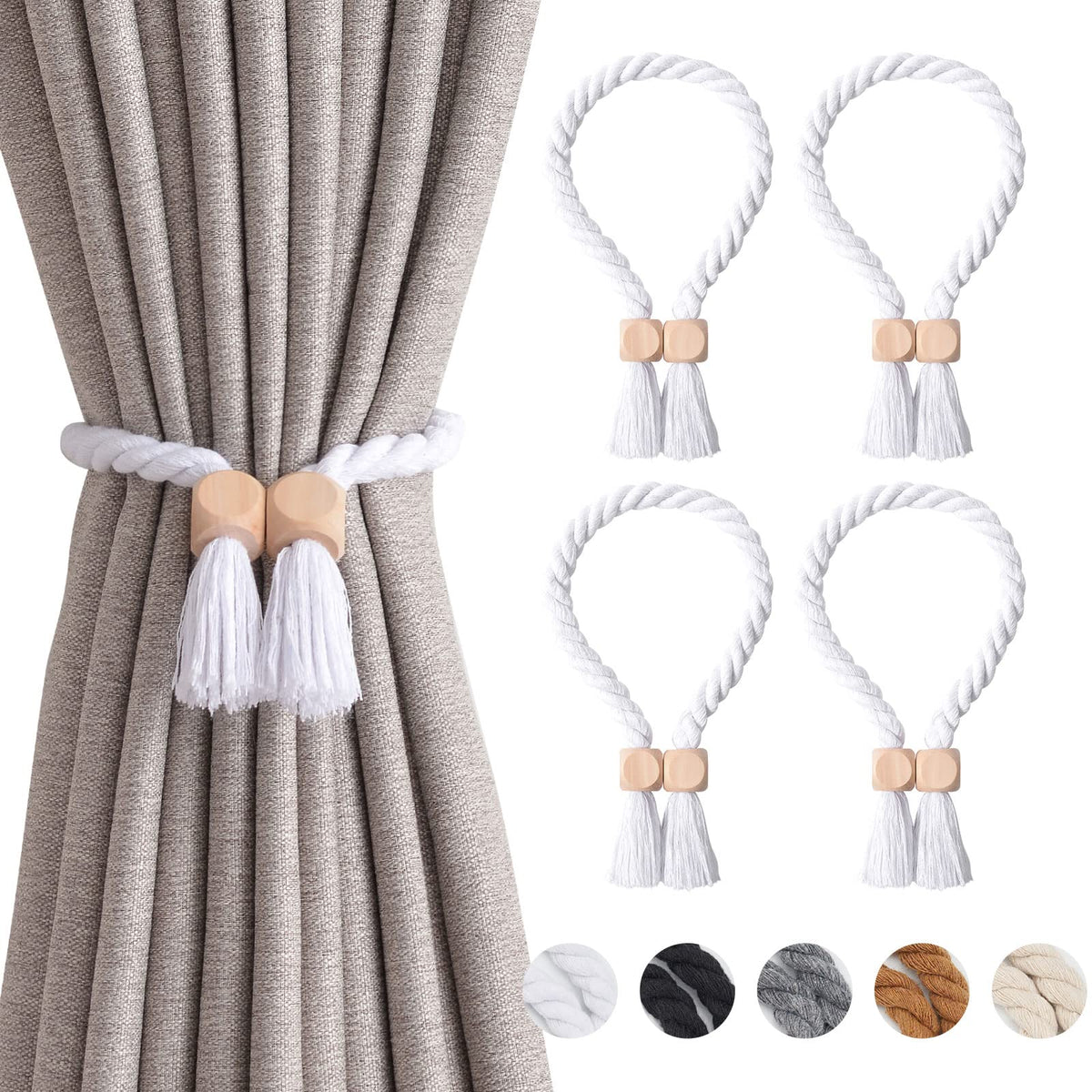 NICEEC 2 Pack Wooden Ball Magnetic Curtain Tiebacks Boho Home Decor Drape Tie Backs Natural Cotton Hand Woven Rope Curtain Holdbacks for Thin & Thick Home & Office Window Draperies (Beige)