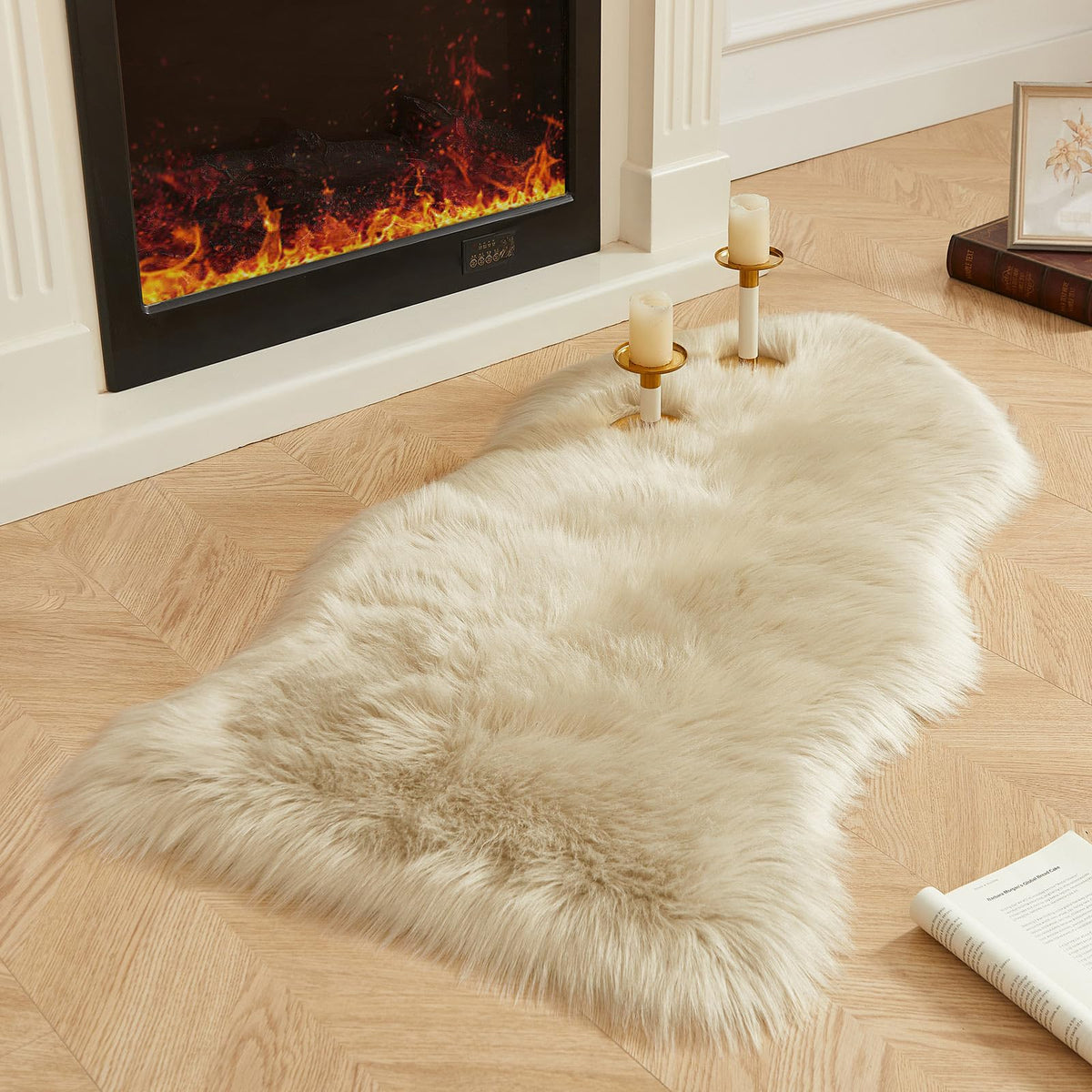 AMTOVO Faux Sheepskin Rug, Beige Ultra Soft Fluffy Shag Area Rug, 2 x 6 ft Faux Fur Rug for Bedroom Sofa Throw Cushion Room Decor, Sheepskin