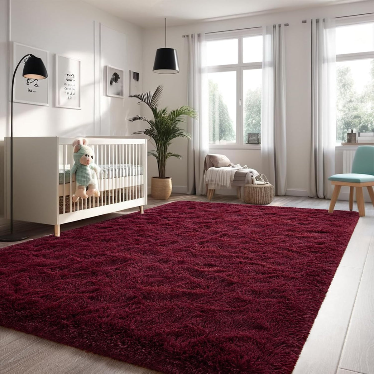 Nuttumico Burgundy Fluffy Shag Area Rug for Living Room Bedroom, 6x9 Feet Ultra Soft Indoor Modern Plush Fuzzy Rug, Thickened Carpet for Kids Playroom, High Pile, Non Slipping