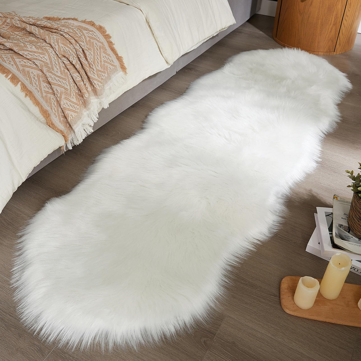 AMTOVO Faux Sheepskin Rug, Beige Ultra Soft Fluffy Shag Area Rug, 2 x 6 ft Faux Fur Rug for Bedroom Sofa Throw Cushion Room Decor, Sheepskin