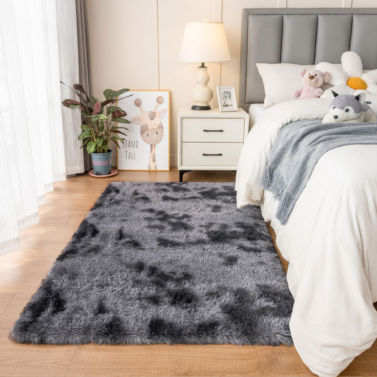 duduta Navy Blue Fluffy Bedroom Rug 3x5 ft, Tie-Dye Shag Plush Area Rug
