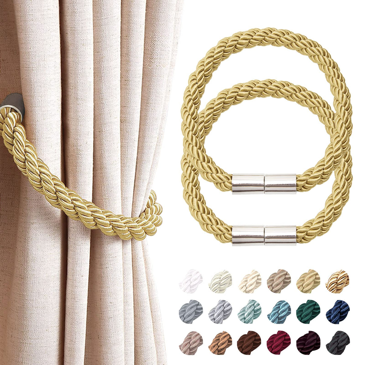 NICEEC 2 Pack Strong Magnetic Curtain Tiebacks Modern Simple Style Drape Tie Backs Convenient Decorative Weave Rope Curtain Holdbacks for Thin or Thick Home & Office Window Draperies (Beige)