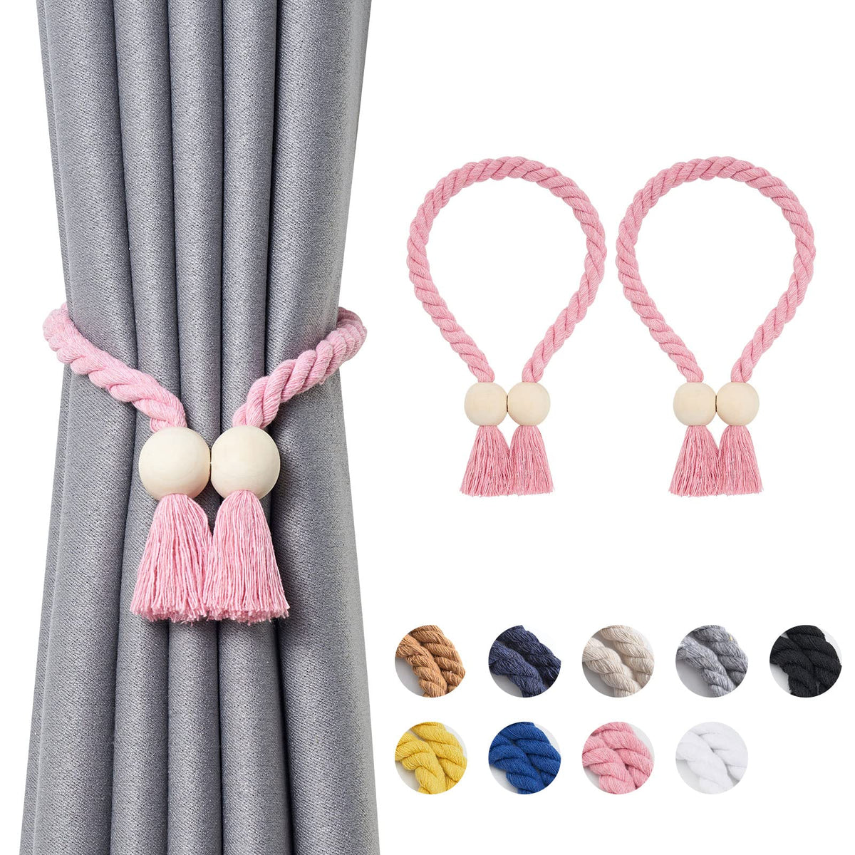 NICEEC 2 Pack Wooden Ball Magnetic Curtain Tiebacks Boho Home Decor Drape Tie Backs Natural Cotton Hand Woven Rope Curtain Holdbacks for Thin & Thick Home & Office Window Draperies (Beige)