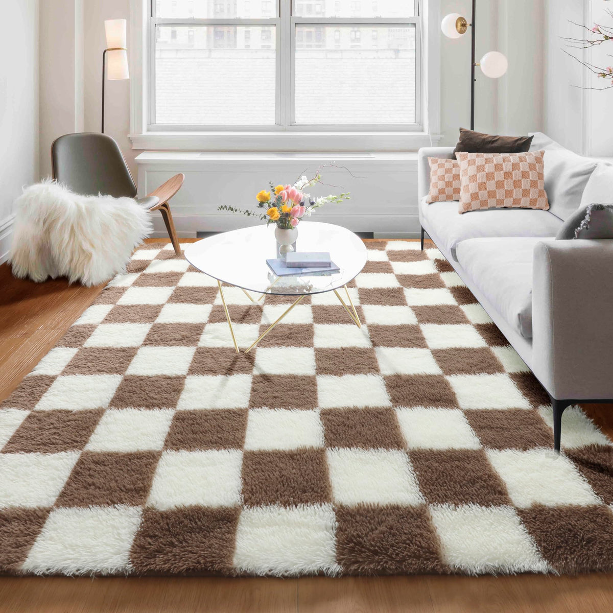 KICMOR Area Rugs 8x10 for Living Room, Large Fluffy Beige and Cream White Checkered Rug Big Fuzzy Shag Shaggy Carpets for Bedroom, Soft Plush Furry Rug for Boy Girls Room Dorm Home Decor Aesthetic
