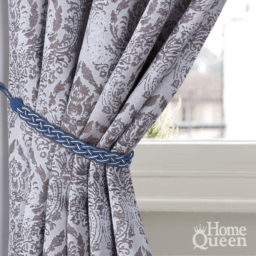 Home Queen Handwoven Rope Curtain Tiebacks for Drapes, 2 Pack Rope Holdbacks with Hooks, 23 Inch Long Polyester and Cotton Braided Tie Backs for Thick and Sheer Curtains,Navy and Silver