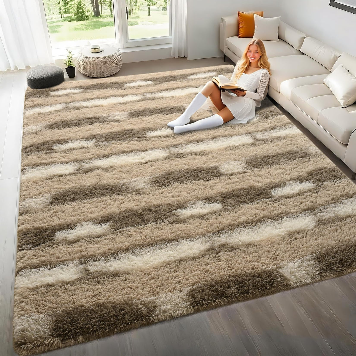 Black and White Rugs for Living Room Bedroom, 6x9 Fluffy Soft Plush Area Rugs with Non-Slip Backing, Modern Striped Shag Fuzzy Carpets for Kids Playroom Nursery Dorms Home Decor